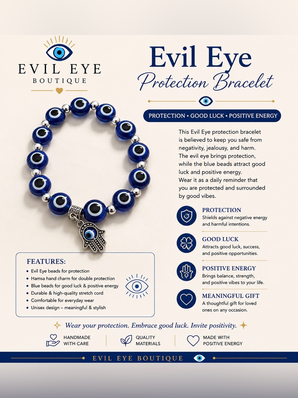 Evil Eye Protection Bracelet - Blue Beaded Hamsa Charm